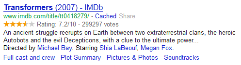 Google retrives rating information from IMDB using microdata.
